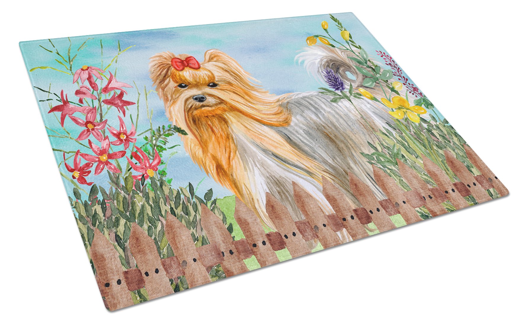 Yorkshire Terrier Spring Cutting Board Tempered Glass Kitchen Cutting Surface, Heat Resistant Chopping, Non-Slip Feet, Food Prep & Serving