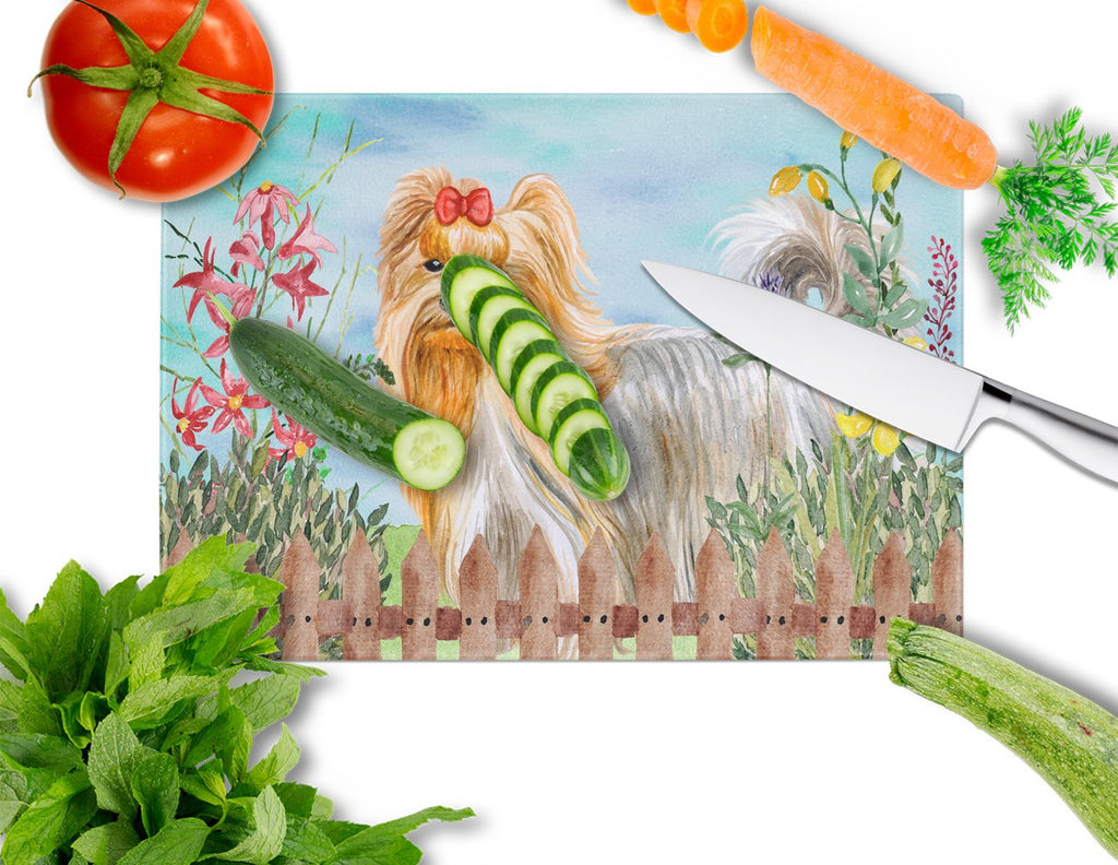 Yorkshire Terrier Spring Cutting Board Tempered Glass Kitchen Cutting Surface, Heat Resistant Chopping, Non-Slip Feet, Food Prep & Serving
