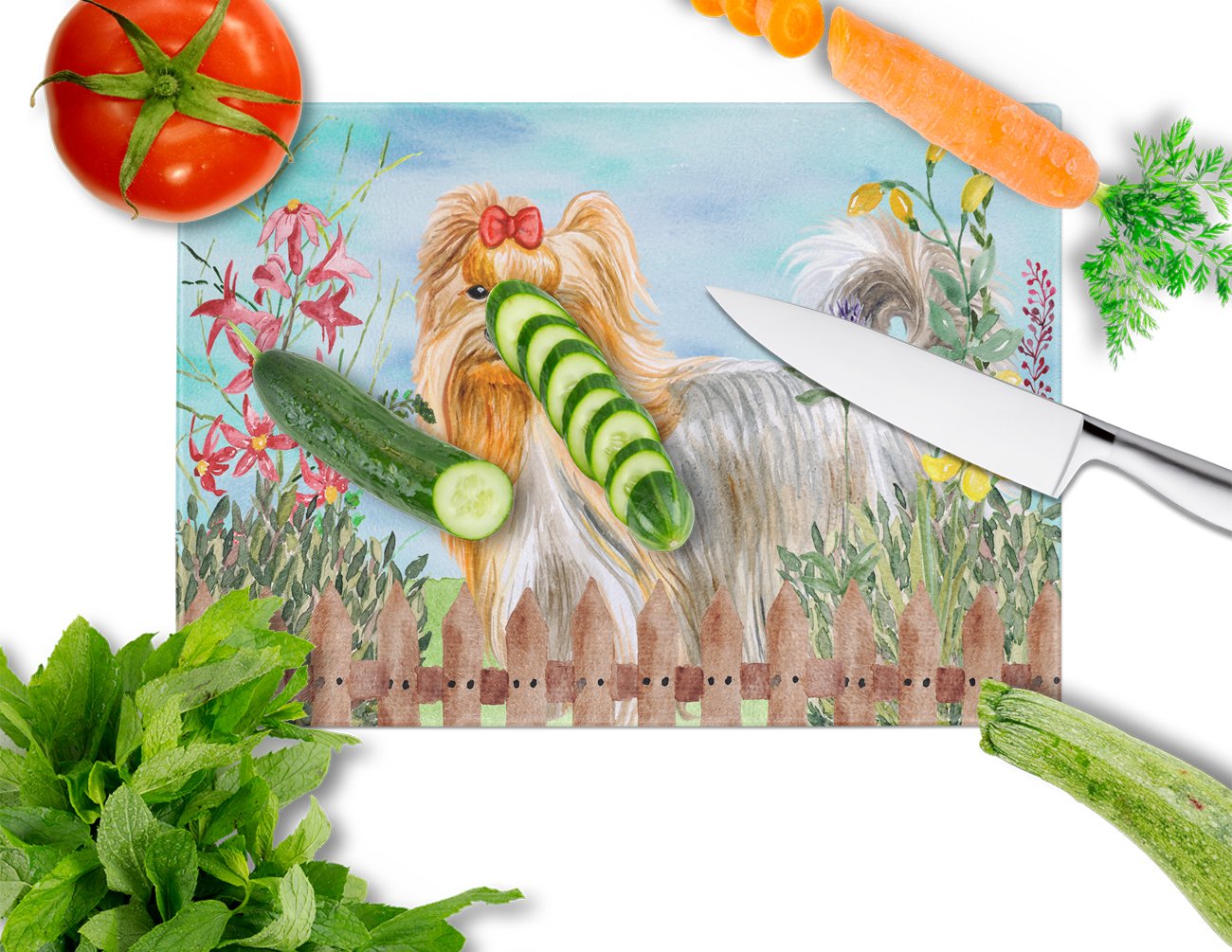 Yorkshire Terrier Spring Cutting Board Tempered Glass Kitchen Cutting Surface, Heat Resistant Chopping, Non-Slip Feet, Food Prep & Serving