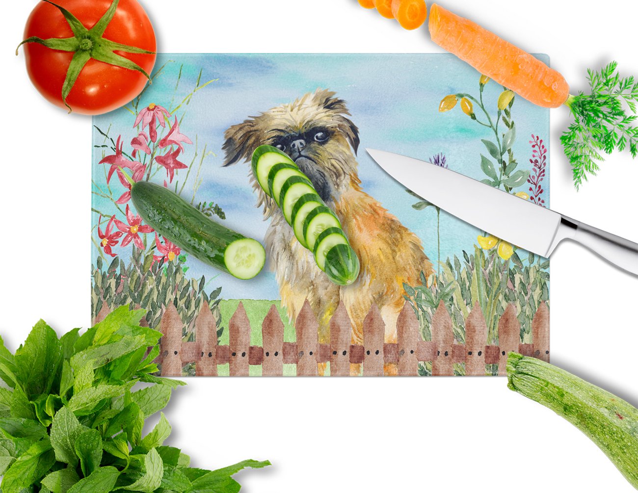 Brussels Griffon Spring Cutting Board Tempered Glass Kitchen Cutting Surface, Heat Resistant Chopping, Non-Slip Feet, Food Prep & Serving