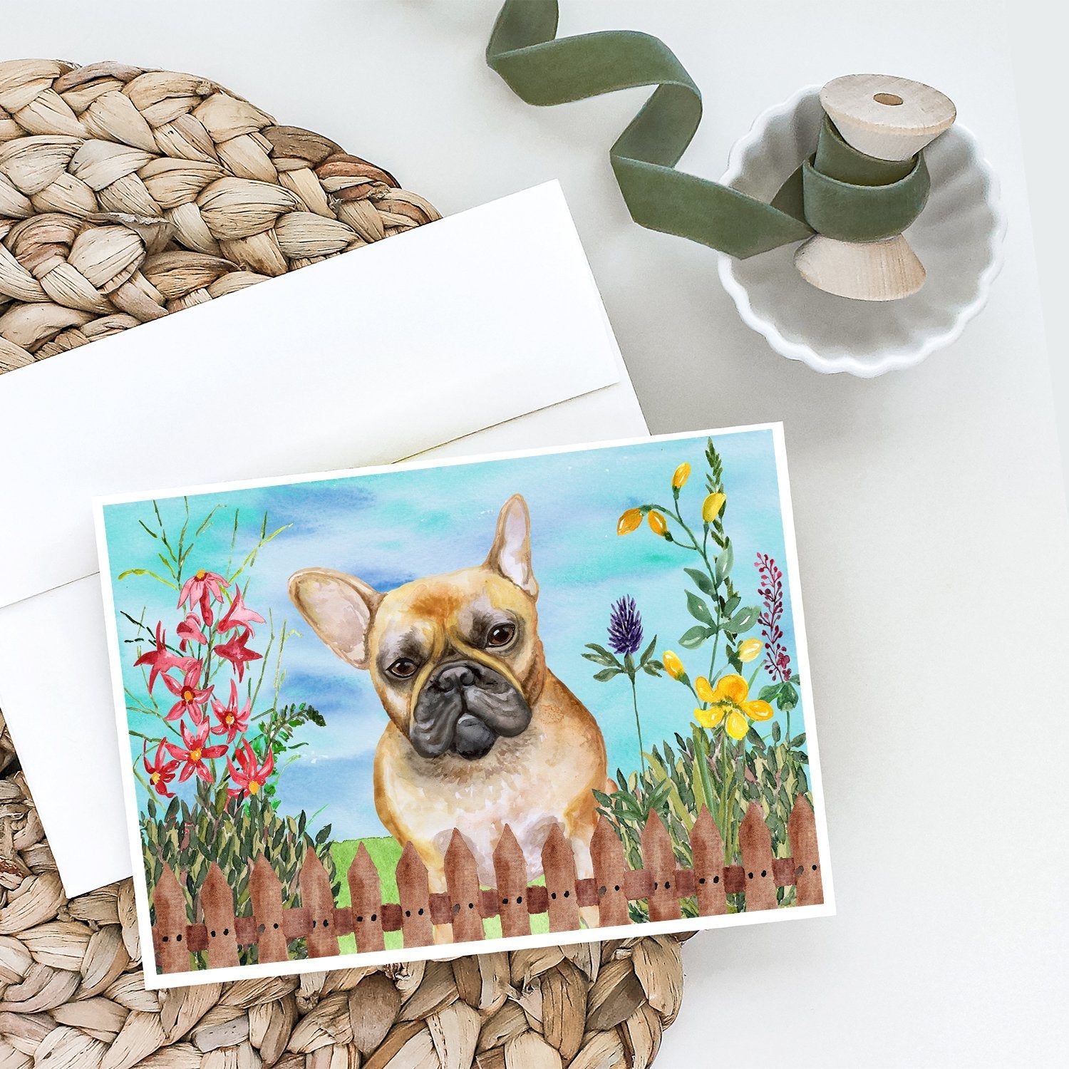 French Bulldog Spring Greeting Cards Pack of 8 Blank Cards with Envelopes Whimsical A7 Size 5x7