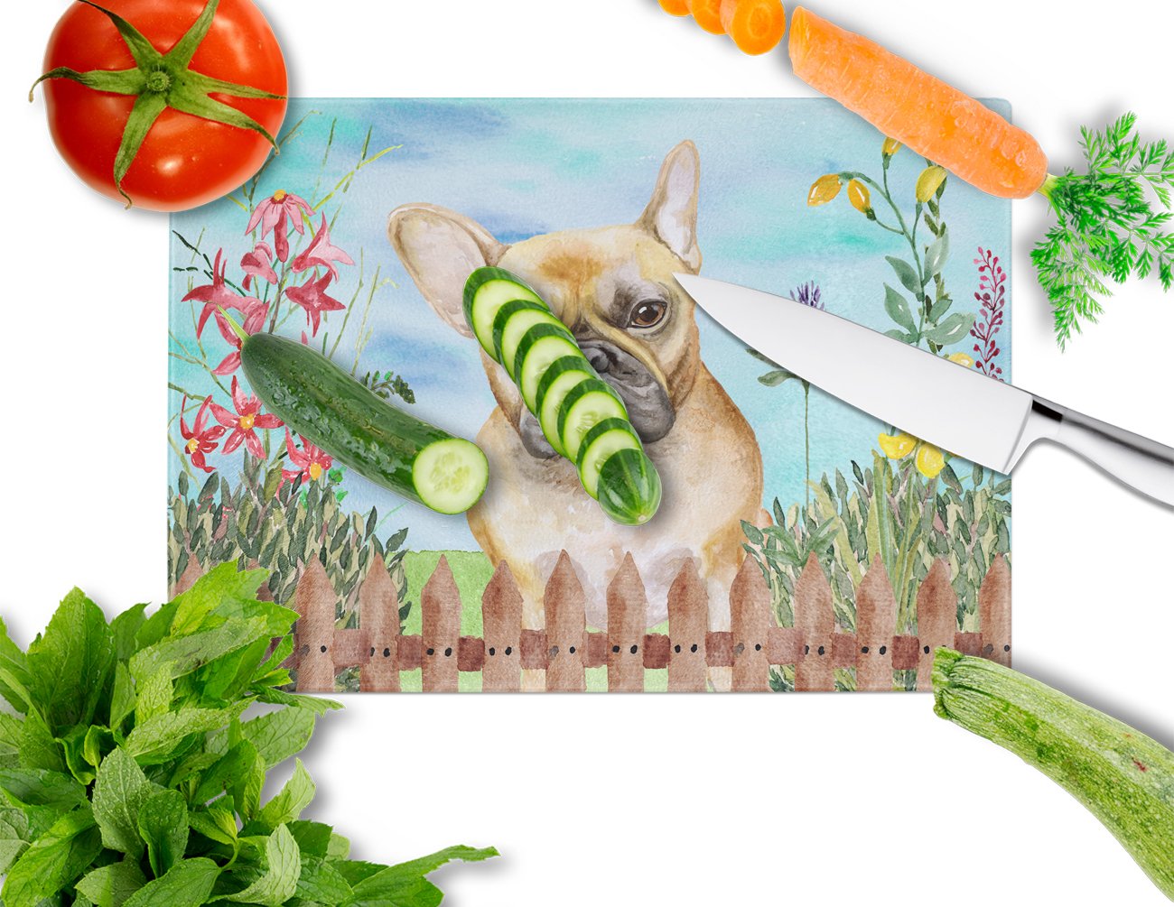 French Bulldog Spring Cutting Board Tempered Glass Kitchen Cutting Surface, Heat Resistant Chopping, Non-Slip Feet, Food Prep & Serving