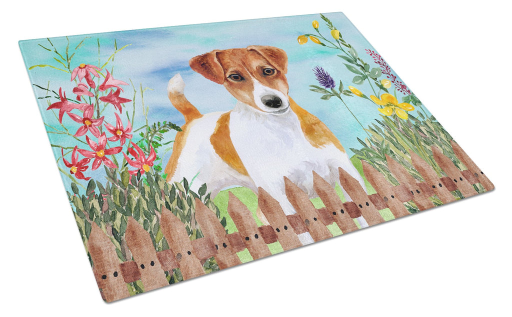 Jack Russell Terrier Spring Cutting Board Tempered Glass Kitchen Cutting Surface, Heat Resistant Chopping, Non-Slip Feet, Food Prep & Serving