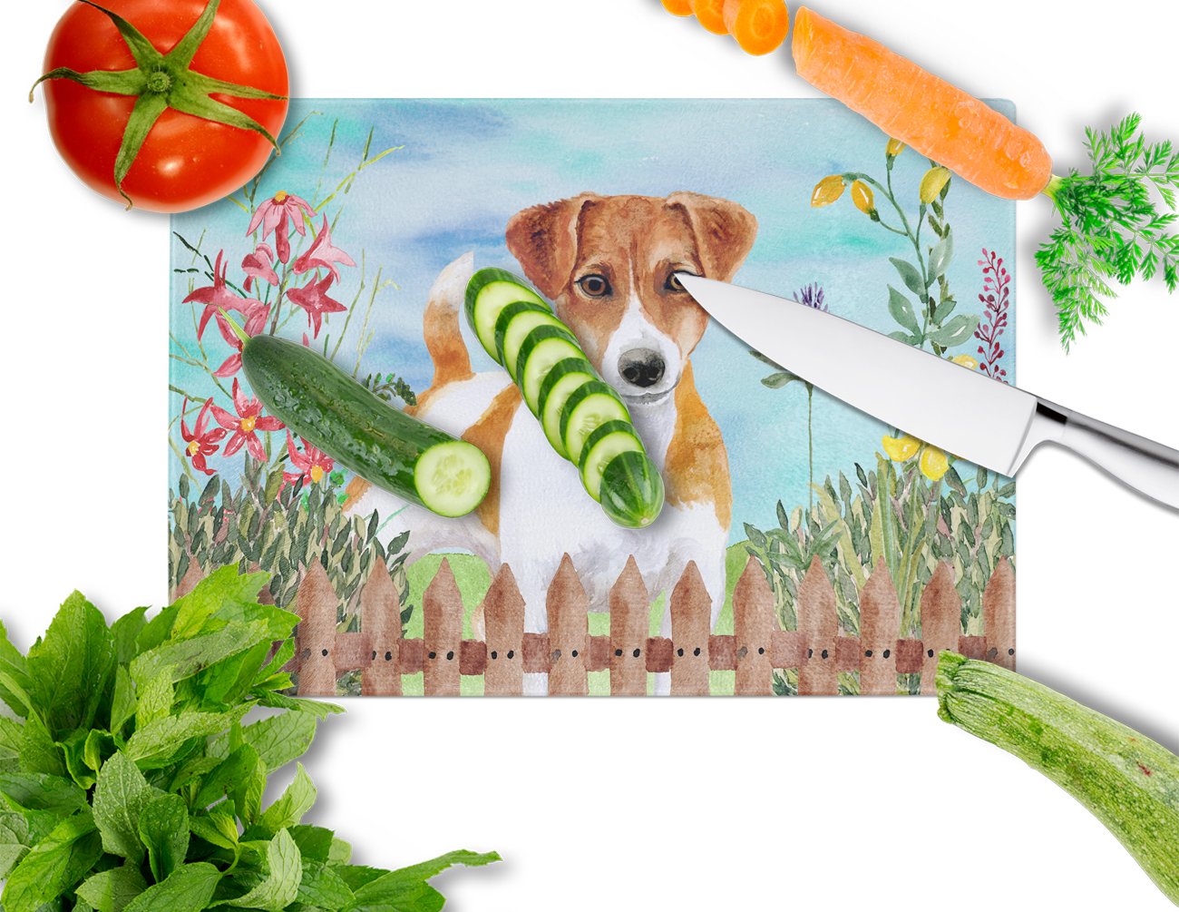 Jack Russell Terrier Spring Cutting Board Tempered Glass Kitchen Cutting Surface, Heat Resistant Chopping, Non-Slip Feet, Food Prep & Serving