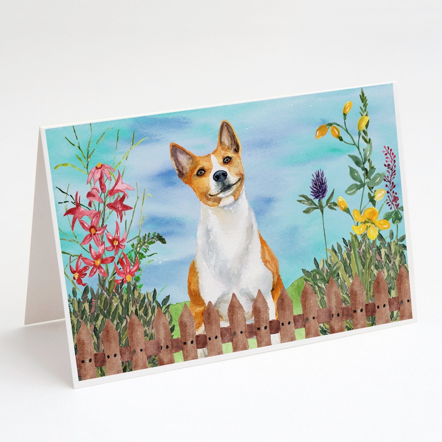 Basenji Spring Greeting Cards Pack of 8 Blank Cards with Envelopes Whimsical A7 Size 5x7
