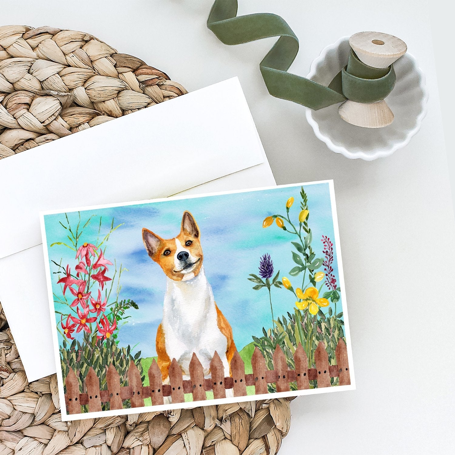 Basenji Spring Greeting Cards Pack of 8 Blank Cards with Envelopes Whimsical A7 Size 5x7