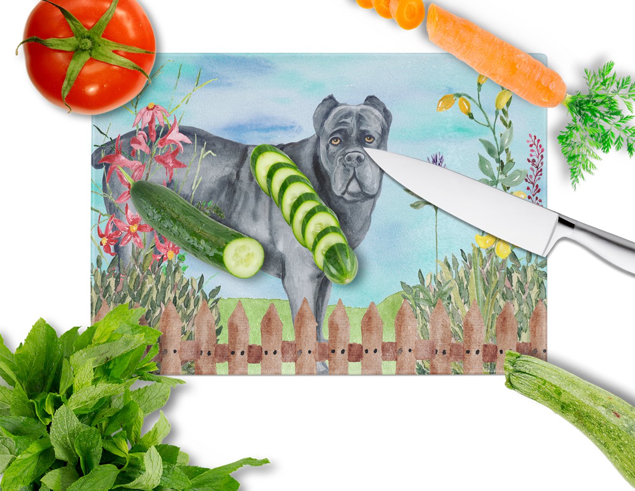 Cane Corso Spring Cutting Board Tempered Glass Kitchen Cutting Surface, Heat Resistant Chopping, Non-Slip Feet, Food Prep & Serving