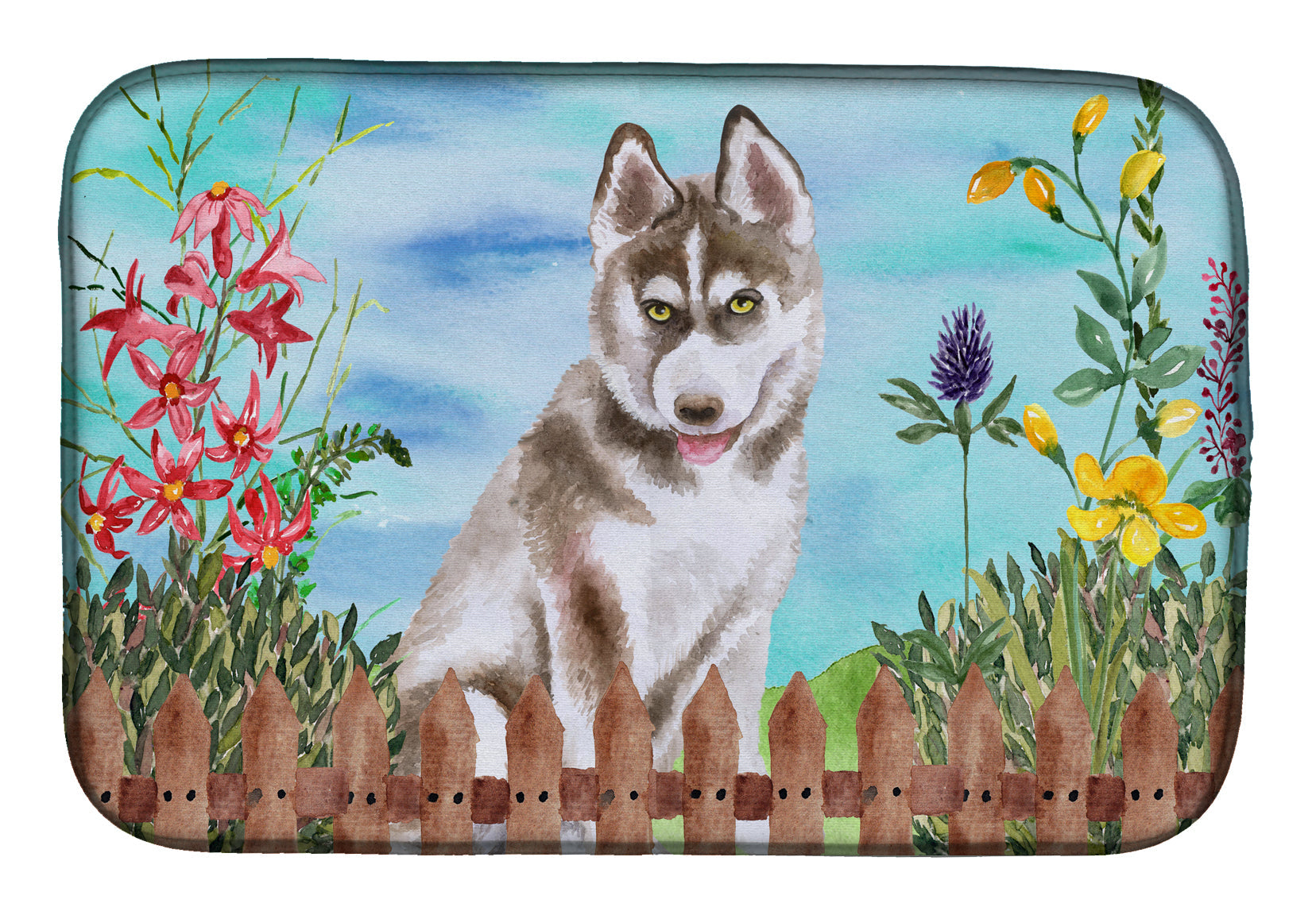 Siberian Husky Grey Spring Dish Drying Mat Absorbent Dish Drying Mat Pad for Kitchen Counter Dish Drainer Mat for Countertop, 14 x 21", Multicolor