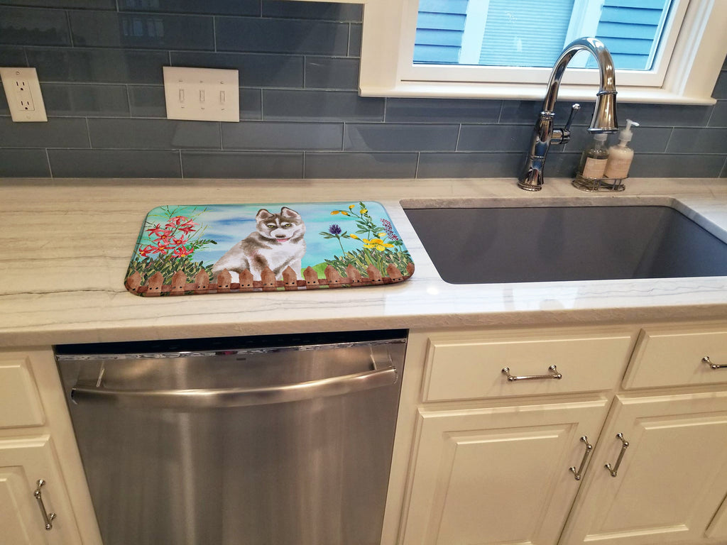 Siberian Husky Grey Spring Dish Drying Mat Absorbent Dish Drying Mat Pad for Kitchen Counter Dish Drainer Mat for Countertop, 14 x 21", Multicolor