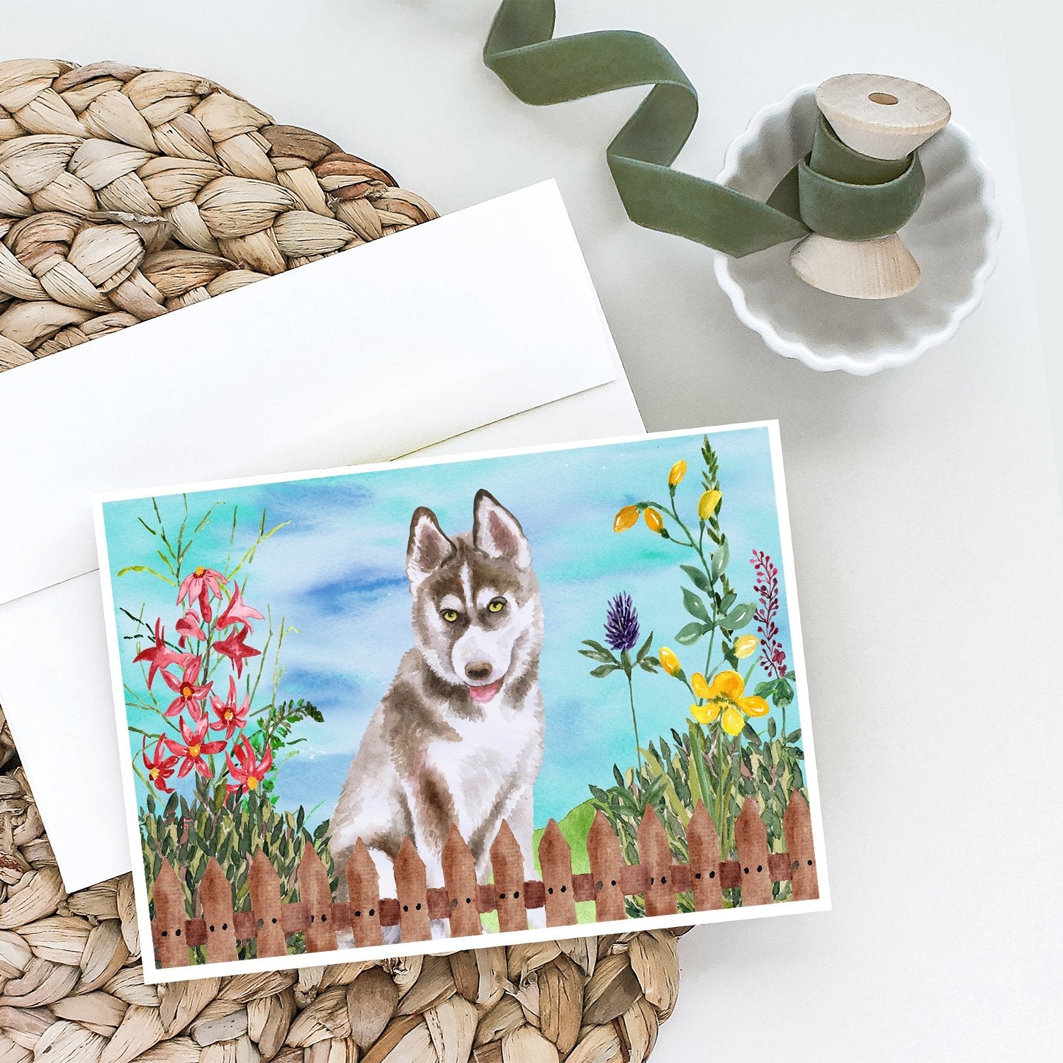 Siberian Husky Grey Spring Greeting Cards Pack of 8 Blank Cards with Envelopes Whimsical A7 Size 5x7