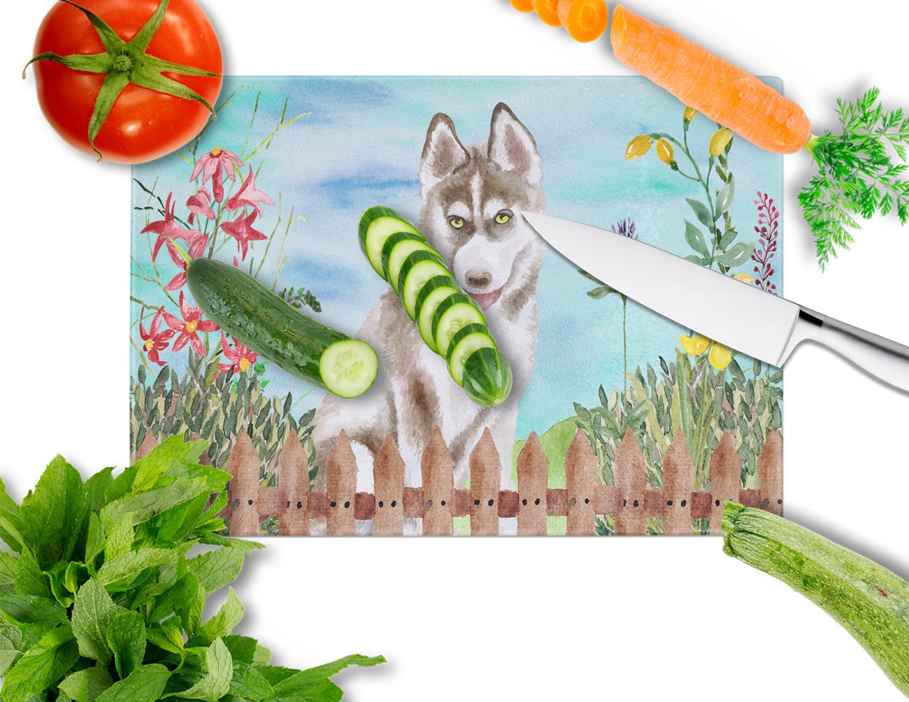 Siberian Husky Grey Spring Cutting Board Tempered Glass Kitchen Cutting Surface, Heat Resistant Chopping, Non-Slip Feet, Food Prep & Serving
