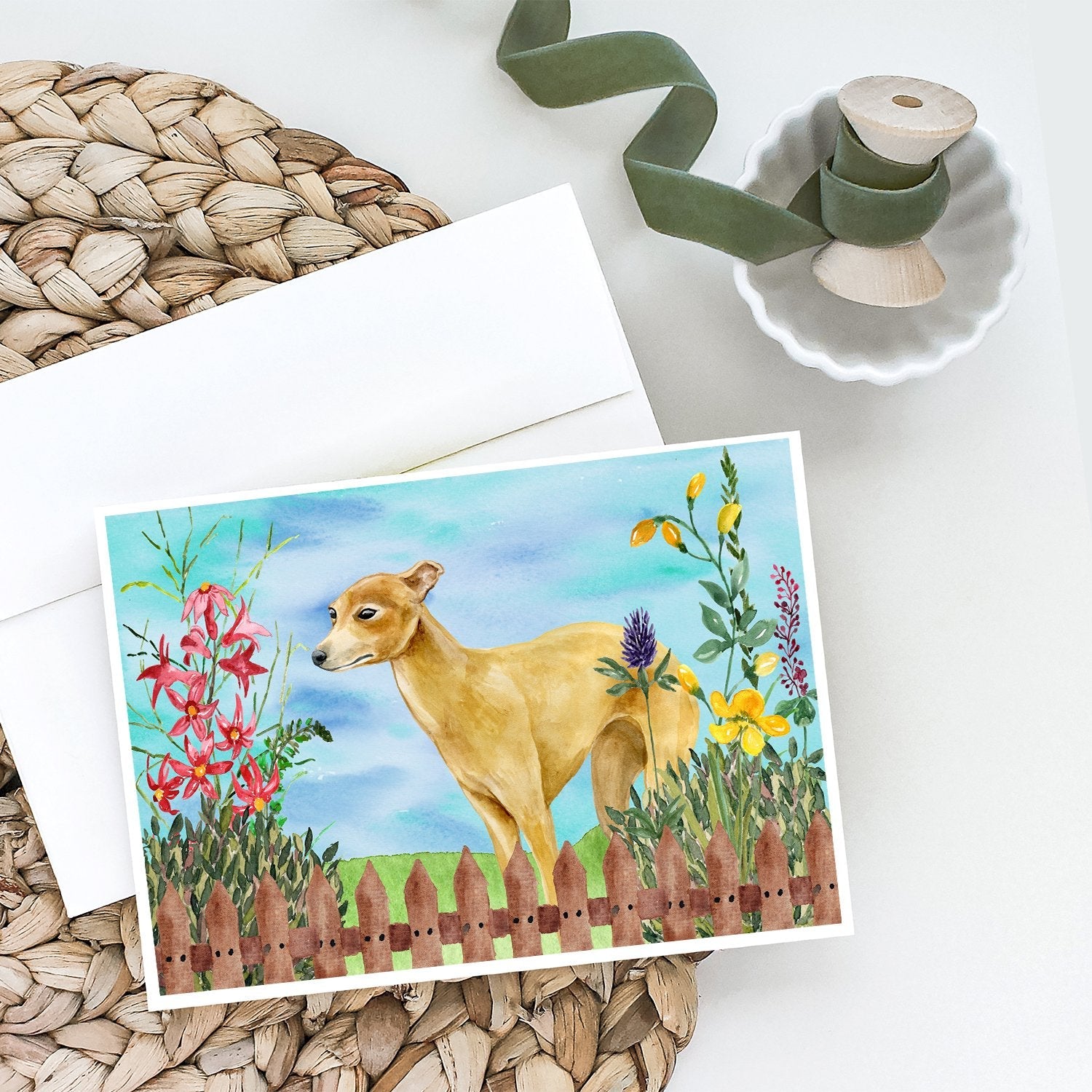 Italian Greyhound Spring Greeting Cards Pack of 8 Blank Cards with Envelopes Whimsical A7 Size 5x7