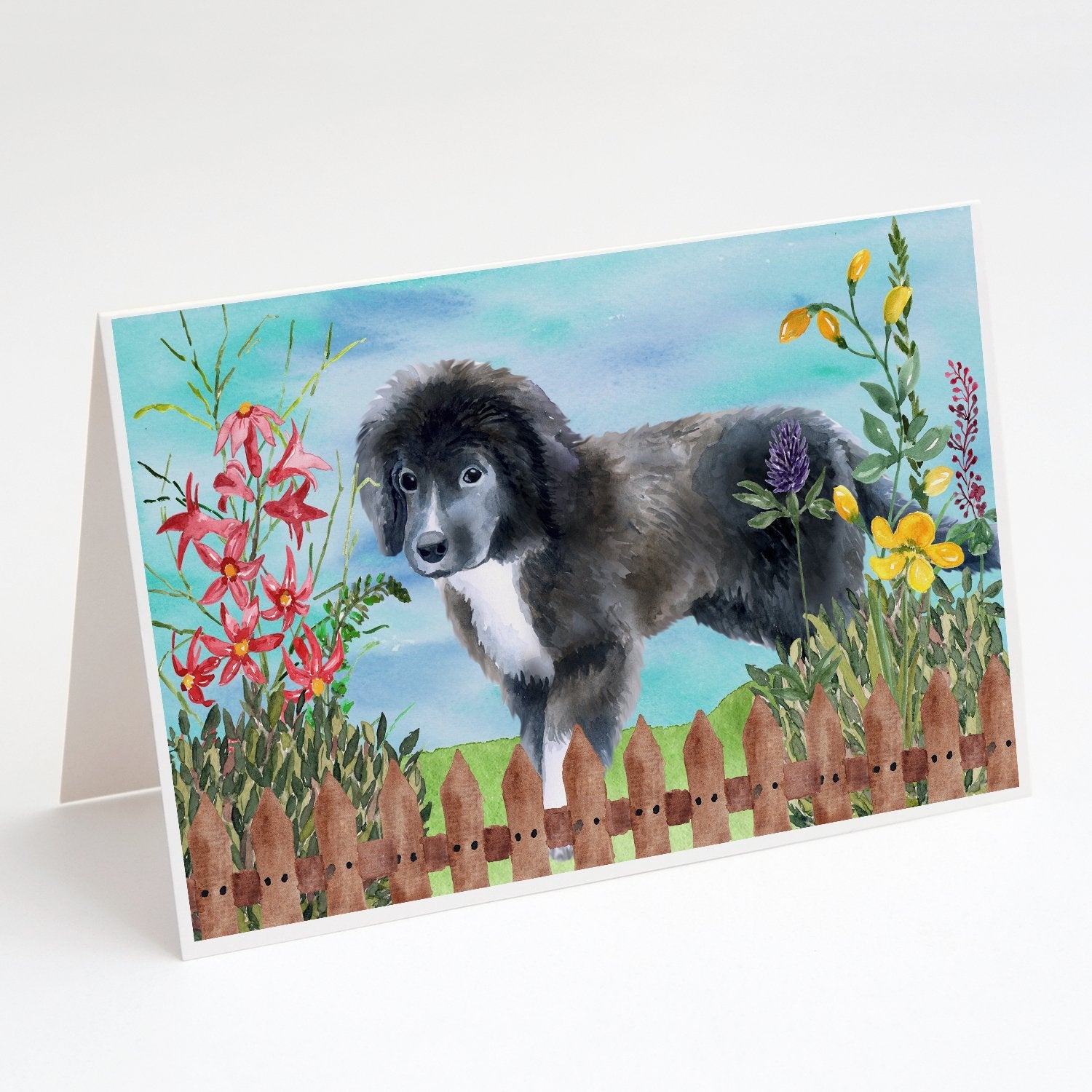 Newfoundland Puppy Spring Greeting Cards Pack of 8 Blank Cards with Envelopes Whimsical A7 Size 5x7