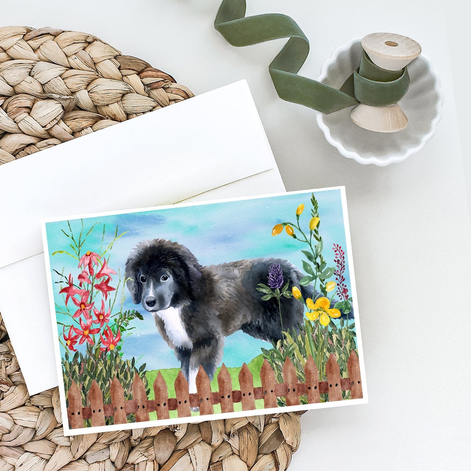 Newfoundland Puppy Spring Greeting Cards Pack of 8 Blank Cards with Envelopes Whimsical A7 Size 5x7