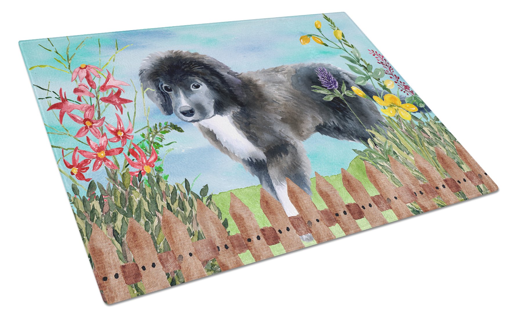 Newfoundland Puppy Spring Cutting Board Tempered Glass Kitchen Cutting Surface, Heat Resistant Chopping, Non-Slip Feet, Food Prep & Serving