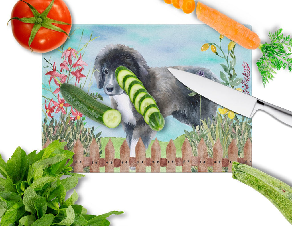 Newfoundland Puppy Spring Cutting Board Tempered Glass Kitchen Cutting Surface, Heat Resistant Chopping, Non-Slip Feet, Food Prep & Serving