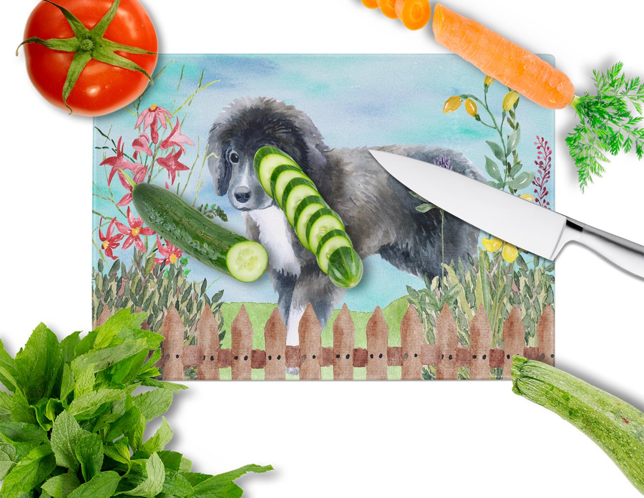 Newfoundland Puppy Spring Cutting Board Tempered Glass Kitchen Cutting Surface, Heat Resistant Chopping, Non-Slip Feet, Food Prep & Serving