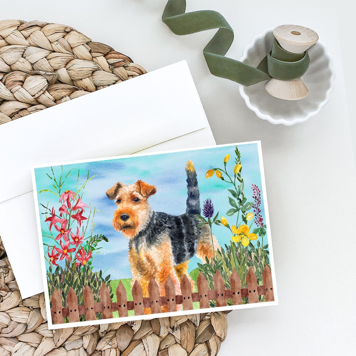Welsh Terrier Spring Greeting Cards Pack of 8 Blank Cards with Envelopes Whimsical A7 Size 5x7