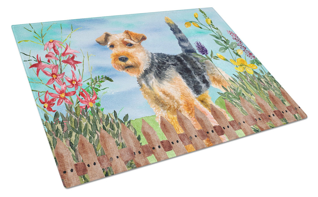 Welsh Terrier Spring Cutting Board Tempered Glass Kitchen Cutting Surface, Heat Resistant Chopping, Non-Slip Feet, Food Prep & Serving