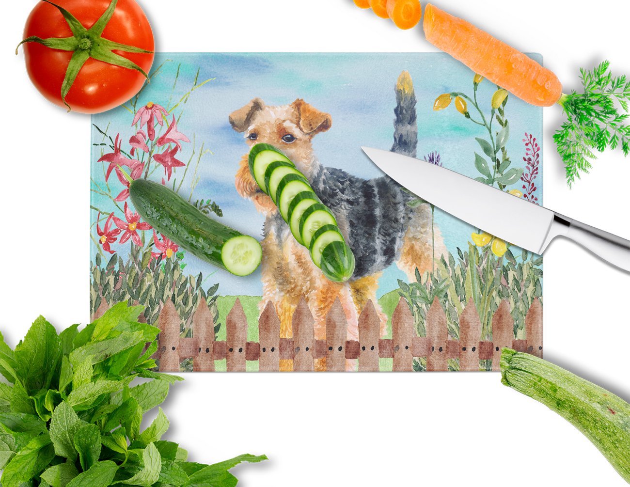 Welsh Terrier Spring Cutting Board Tempered Glass Kitchen Cutting Surface, Heat Resistant Chopping, Non-Slip Feet, Food Prep & Serving