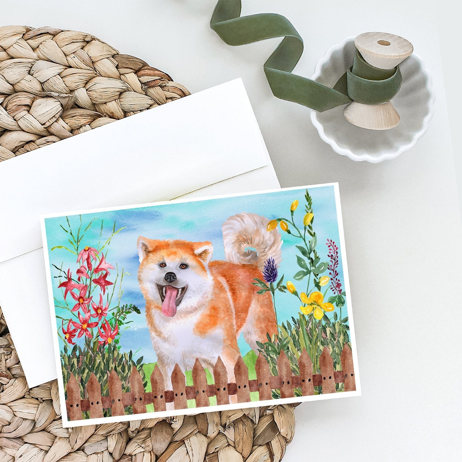 Akita Spring Greeting Cards Pack of 8 Blank Cards with Envelopes Whimsical A7 Size 5x7