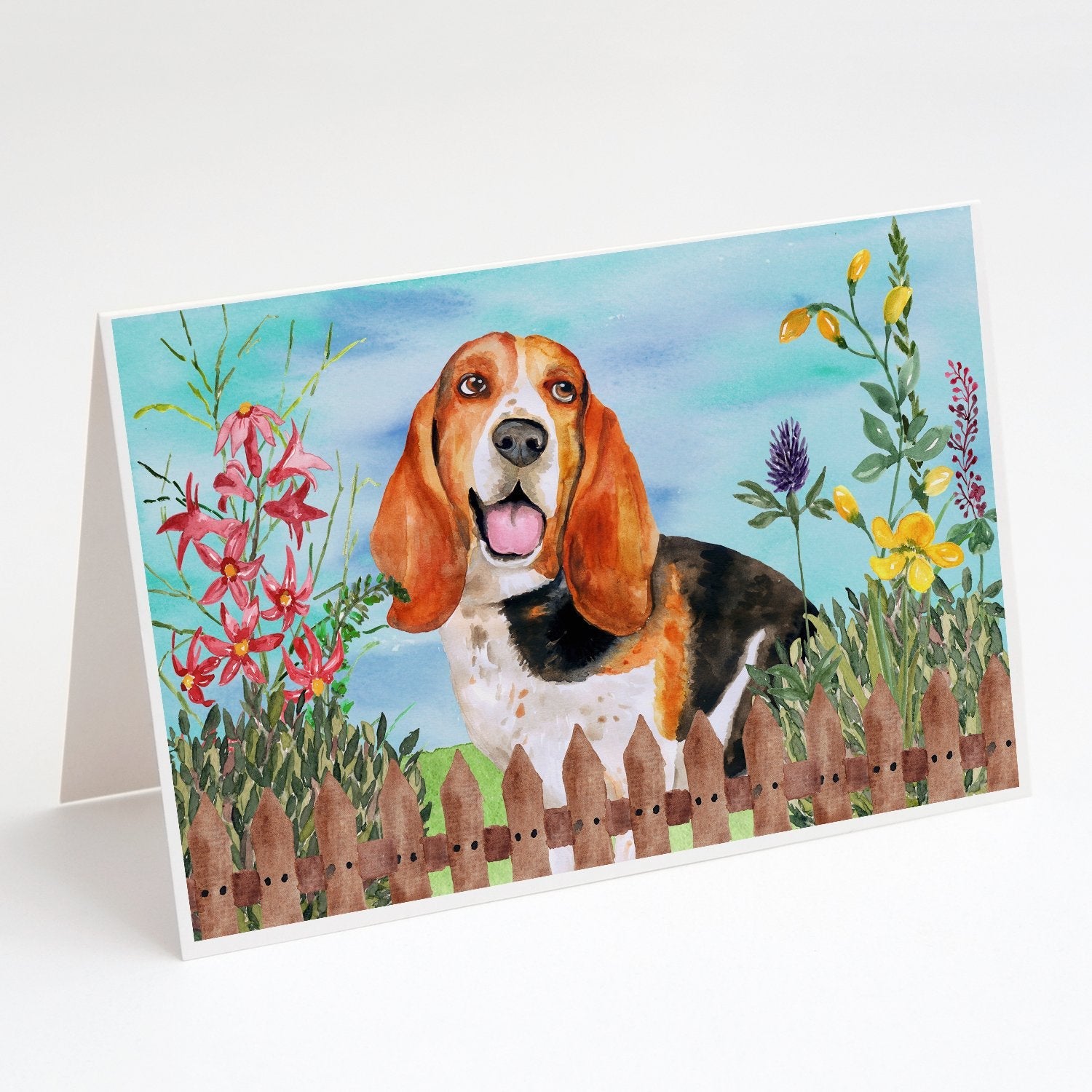Basset Hound Spring Greeting Cards Pack of 8 Blank Cards with Envelopes Whimsical A7 Size 5x7