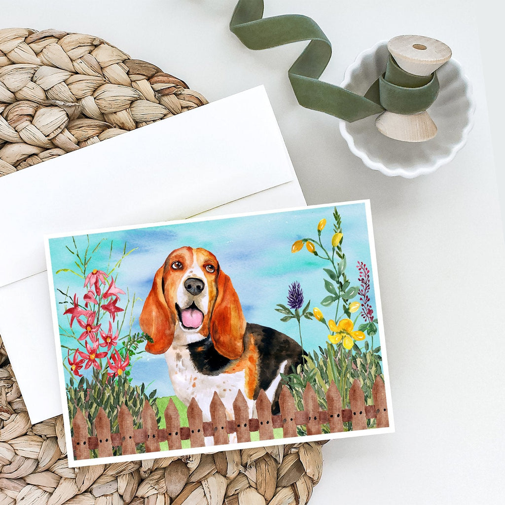 Basset Hound Spring Greeting Cards Pack of 8 Blank Cards with Envelopes Whimsical A7 Size 5x7
