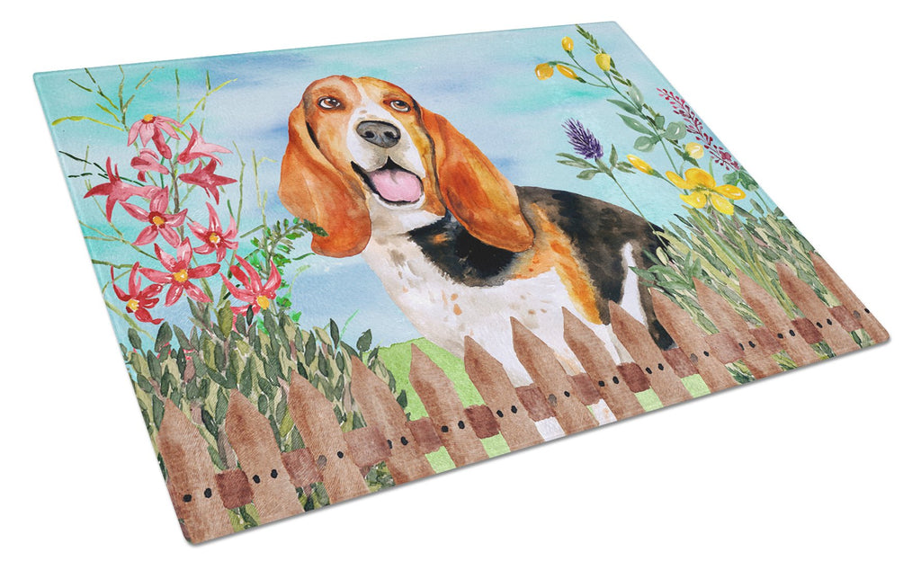 Basset Hound Spring Cutting Board Tempered Glass Kitchen Cutting Surface, Heat Resistant Chopping, Non-Slip Feet, Food Prep & Serving
