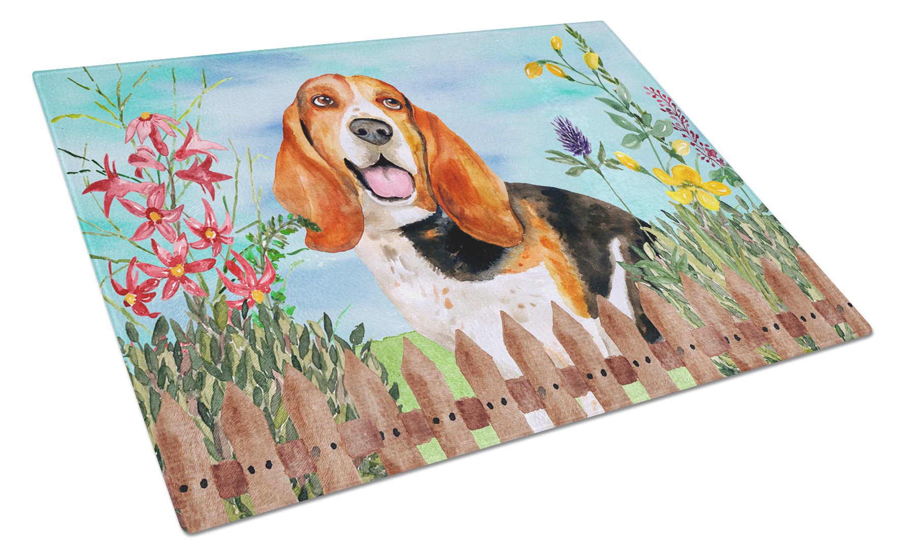 Basset Hound Spring Cutting Board Tempered Glass Kitchen Cutting Surface, Heat Resistant Chopping, Non-Slip Feet, Food Prep & Serving