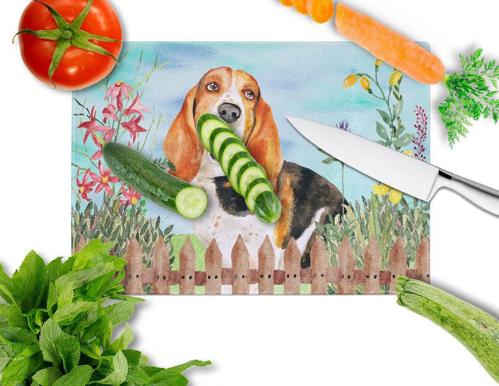 Basset Hound Spring Cutting Board Tempered Glass Kitchen Cutting Surface, Heat Resistant Chopping, Non-Slip Feet, Food Prep & Serving
