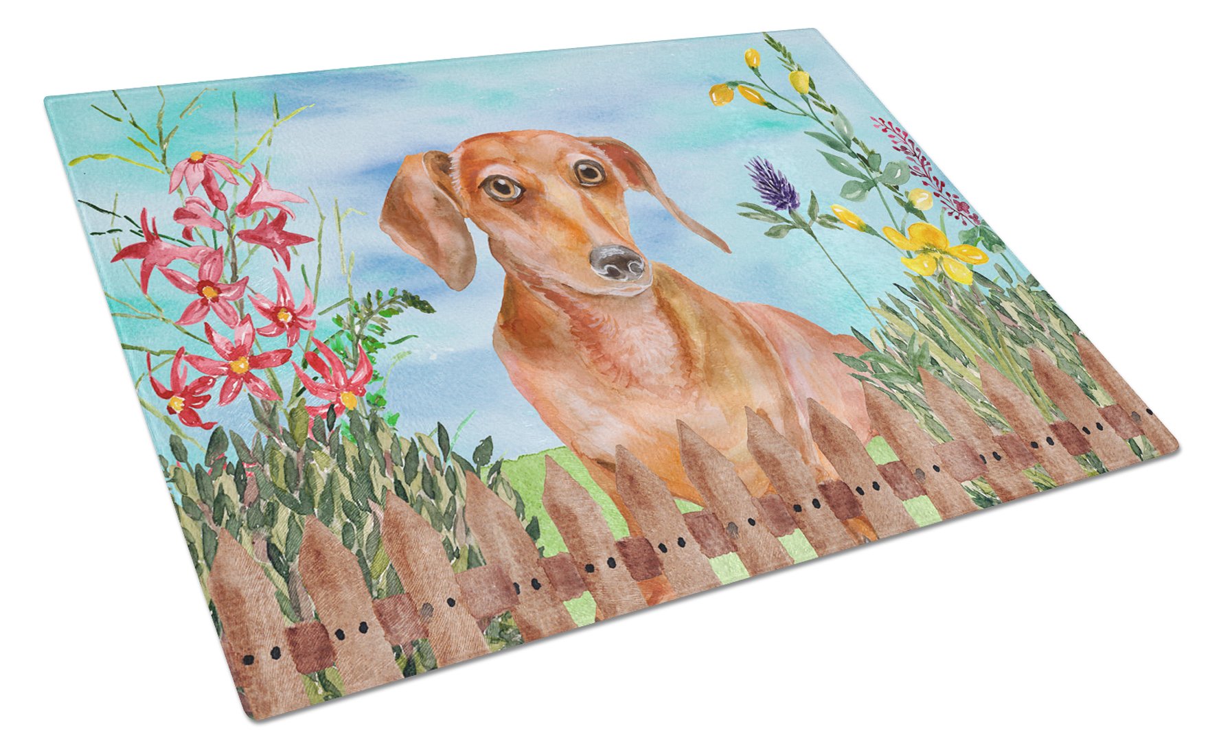 Red Dachshund Spring Cutting Board Tempered Glass Kitchen Cutting Surface, Heat Resistant Chopping, Non-Slip Feet, Food Prep & Serving