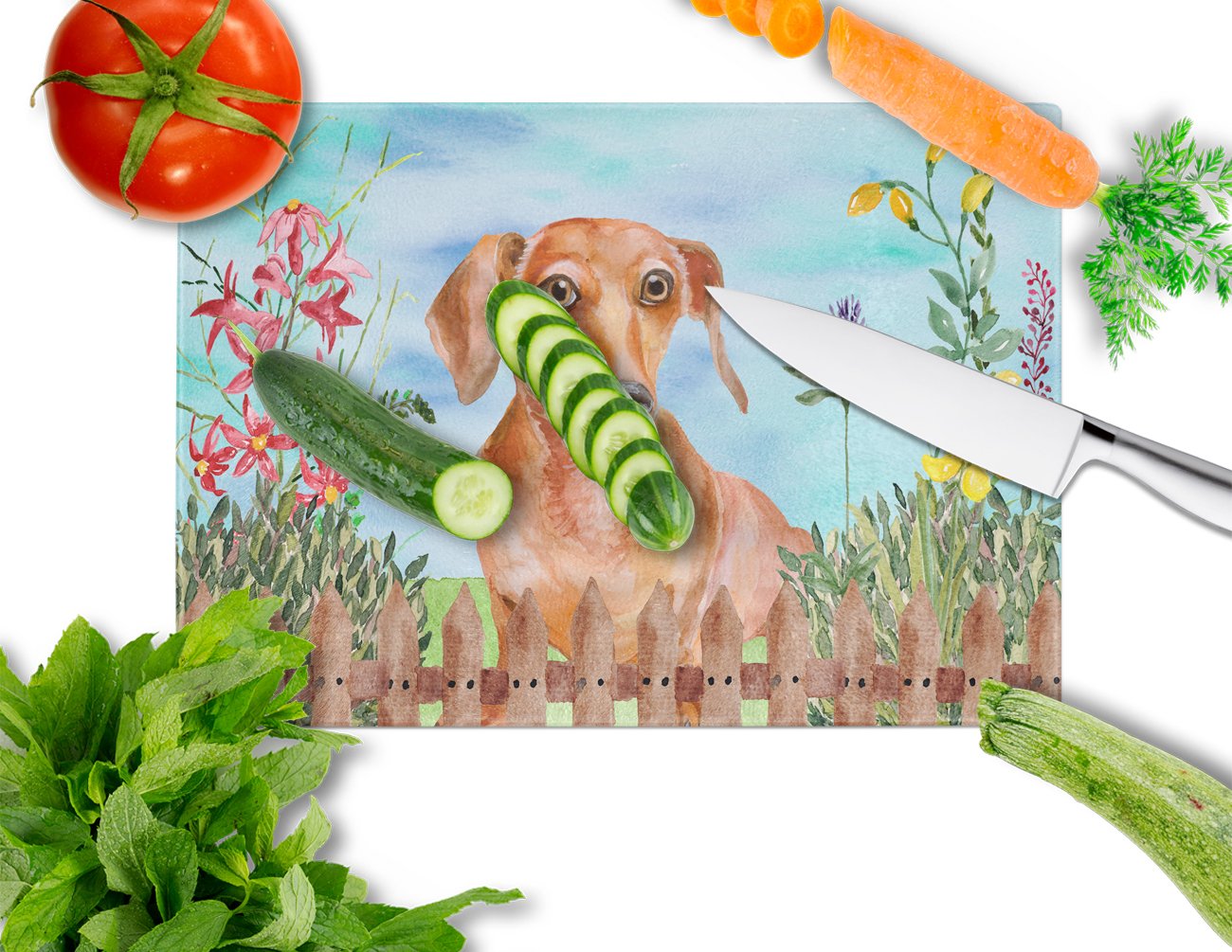Red Dachshund Spring Cutting Board Tempered Glass Kitchen Cutting Surface, Heat Resistant Chopping, Non-Slip Feet, Food Prep & Serving