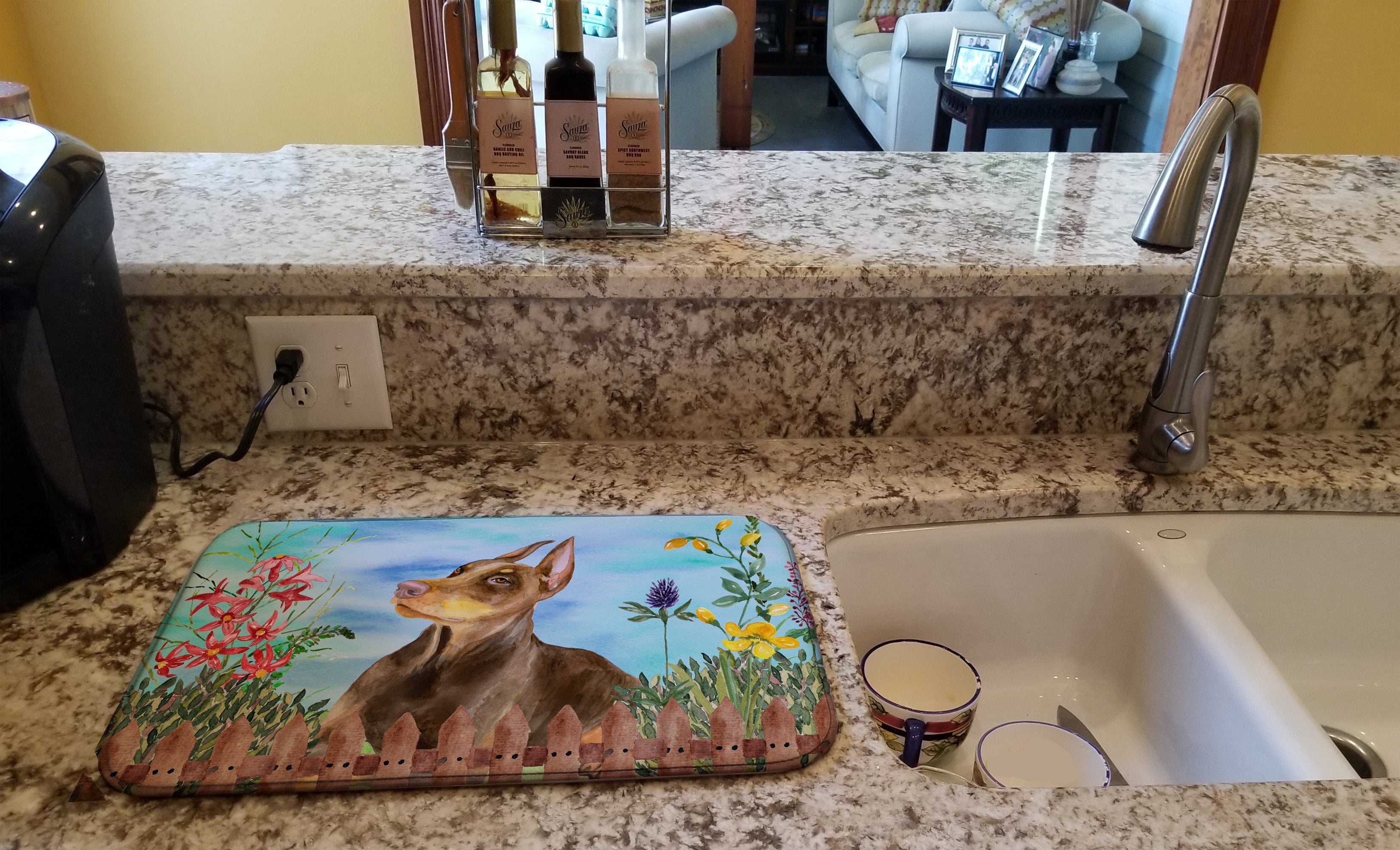 Doberman Pinscher Spring Dish Drying Mat Absorbent Dish Drying Mat Pad for Kitchen Counter Dish Drainer Mat for Countertop, 14 x 21", Multicolor