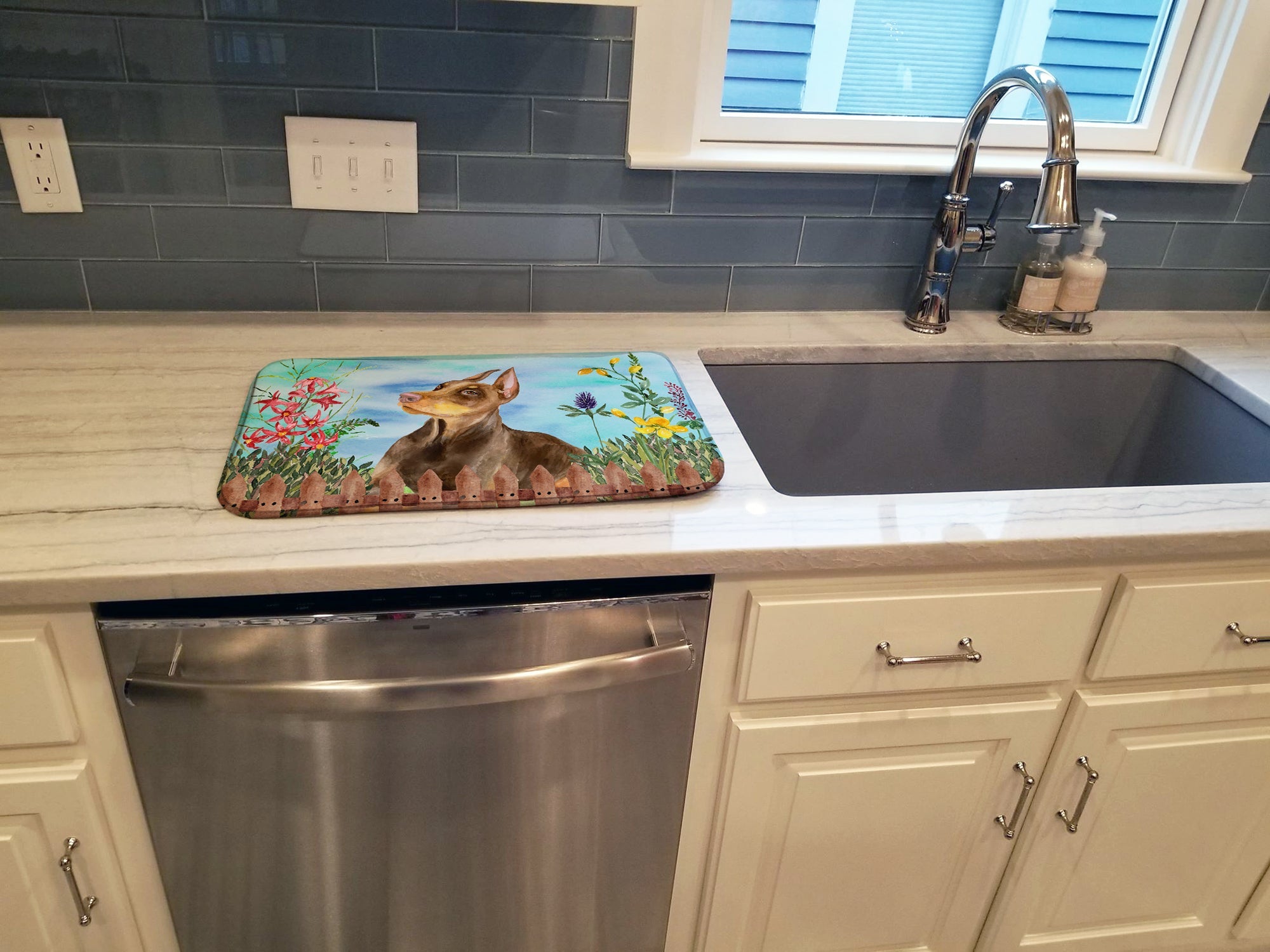 Doberman Pinscher Spring Dish Drying Mat Absorbent Dish Drying Mat Pad for Kitchen Counter Dish Drainer Mat for Countertop, 14 x 21", Multicolor