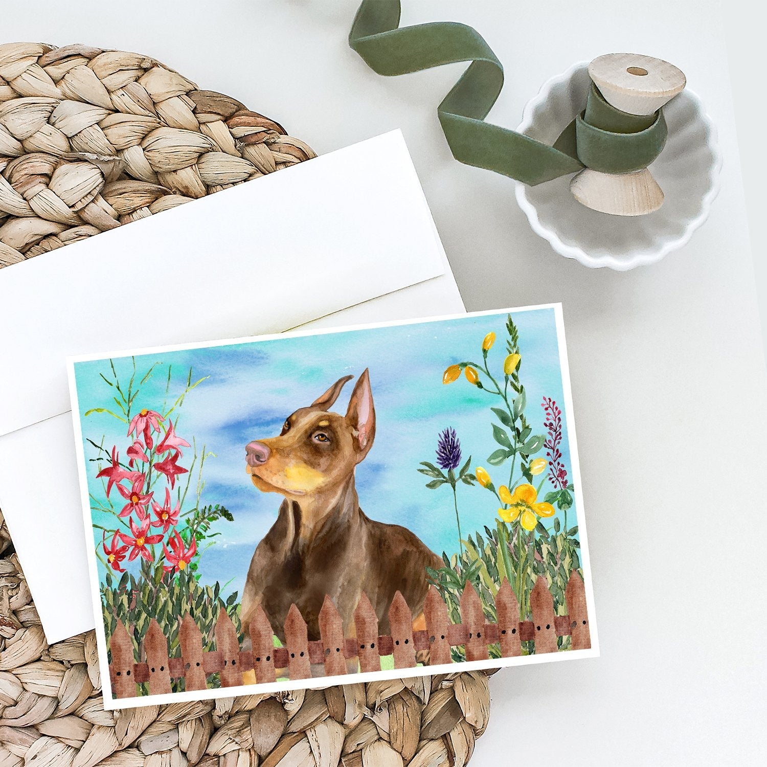Doberman Pinscher Spring Greeting Cards Pack of 8 Blank Cards with Envelopes Whimsical A7 Size 5x7