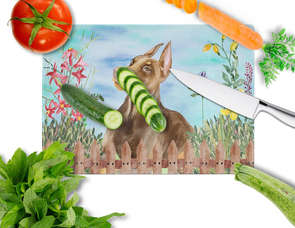 Doberman Pinscher Spring Cutting Board Tempered Glass Kitchen Cutting Surface, Heat Resistant Chopping, Non-Slip Feet, Food Prep & Serving