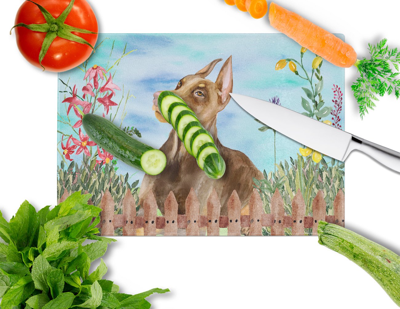 Doberman Pinscher Spring Cutting Board Tempered Glass Kitchen Cutting Surface, Heat Resistant Chopping, Non-Slip Feet, Food Prep & Serving