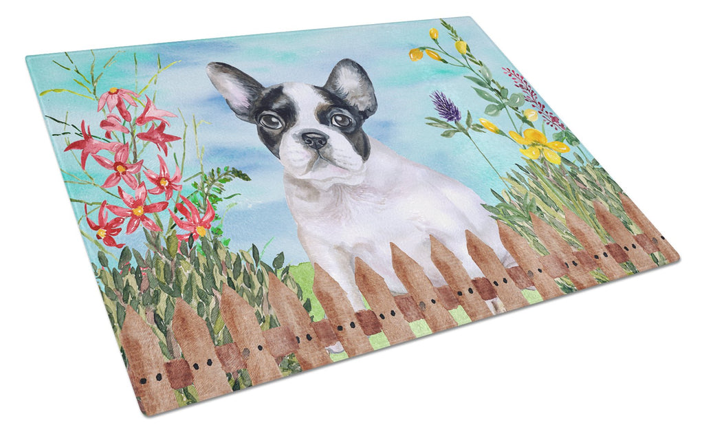 French Bulldog Black White Spring Cutting Board Tempered Glass Kitchen Cutting Surface, Heat Resistant Chopping, Non-Slip Feet, Food Prep & Serving