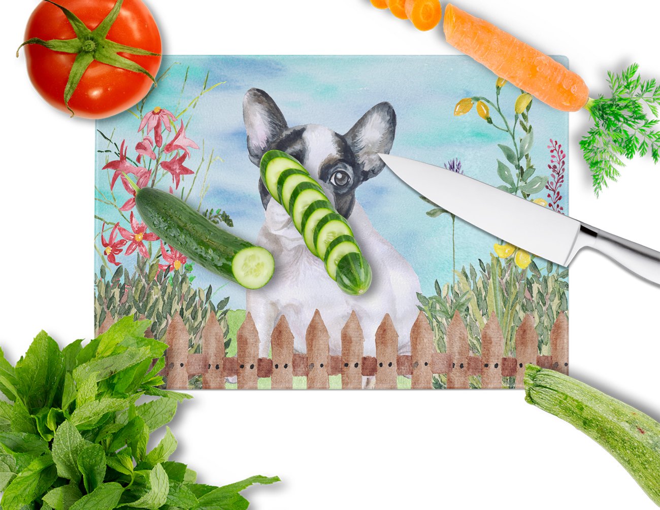 French Bulldog Black White Spring Cutting Board Tempered Glass Kitchen Cutting Surface, Heat Resistant Chopping, Non-Slip Feet, Food Prep & Serving