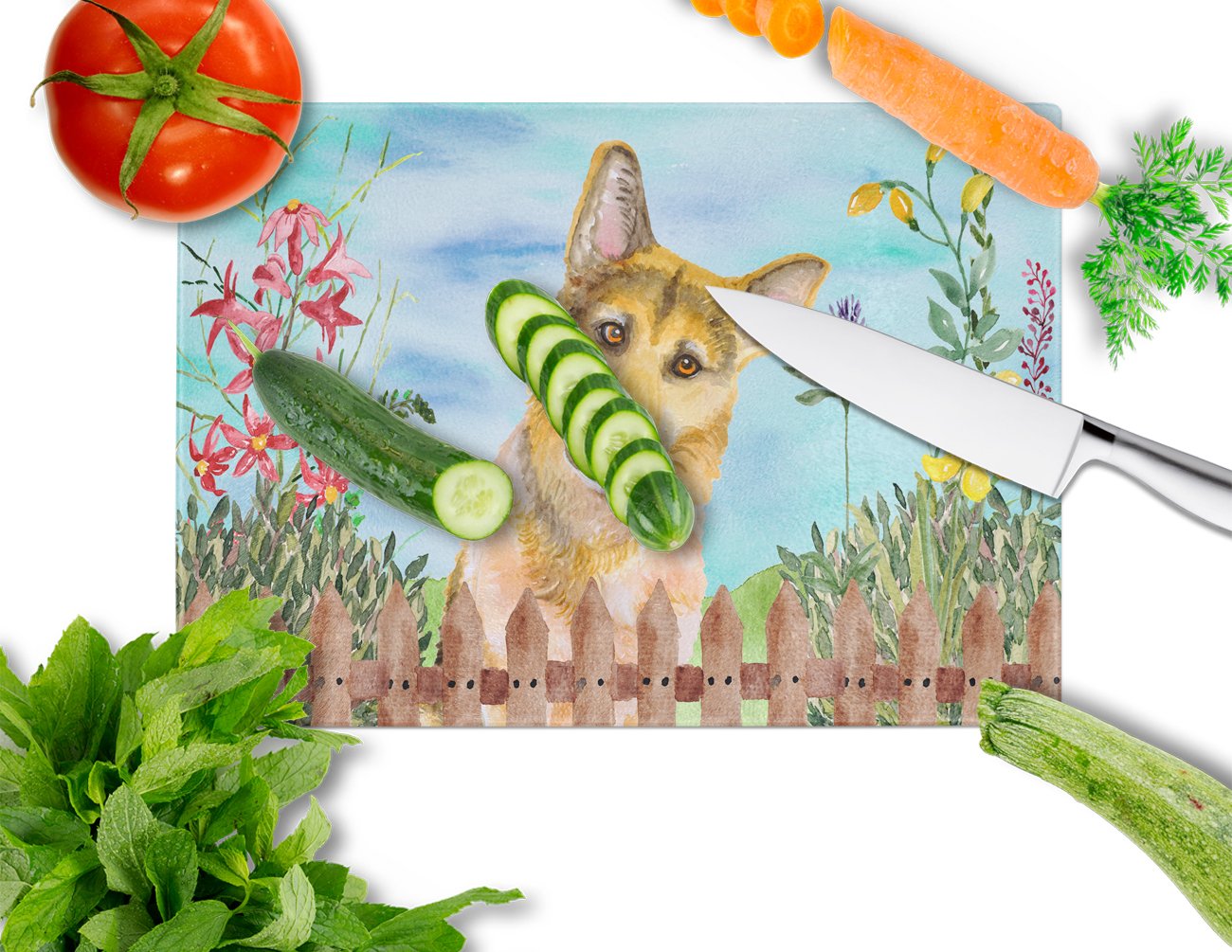 German Shepherd #2 Spring Cutting Board Tempered Glass Kitchen Cutting Surface, Heat Resistant Chopping, Non-Slip Feet, Food Prep & Serving