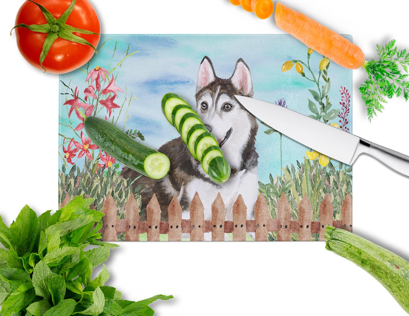 Siberian Husky #2 Spring Cutting Board Tempered Glass Kitchen Cutting Surface, Heat Resistant Chopping, Non-Slip Feet, Food Prep & Serving