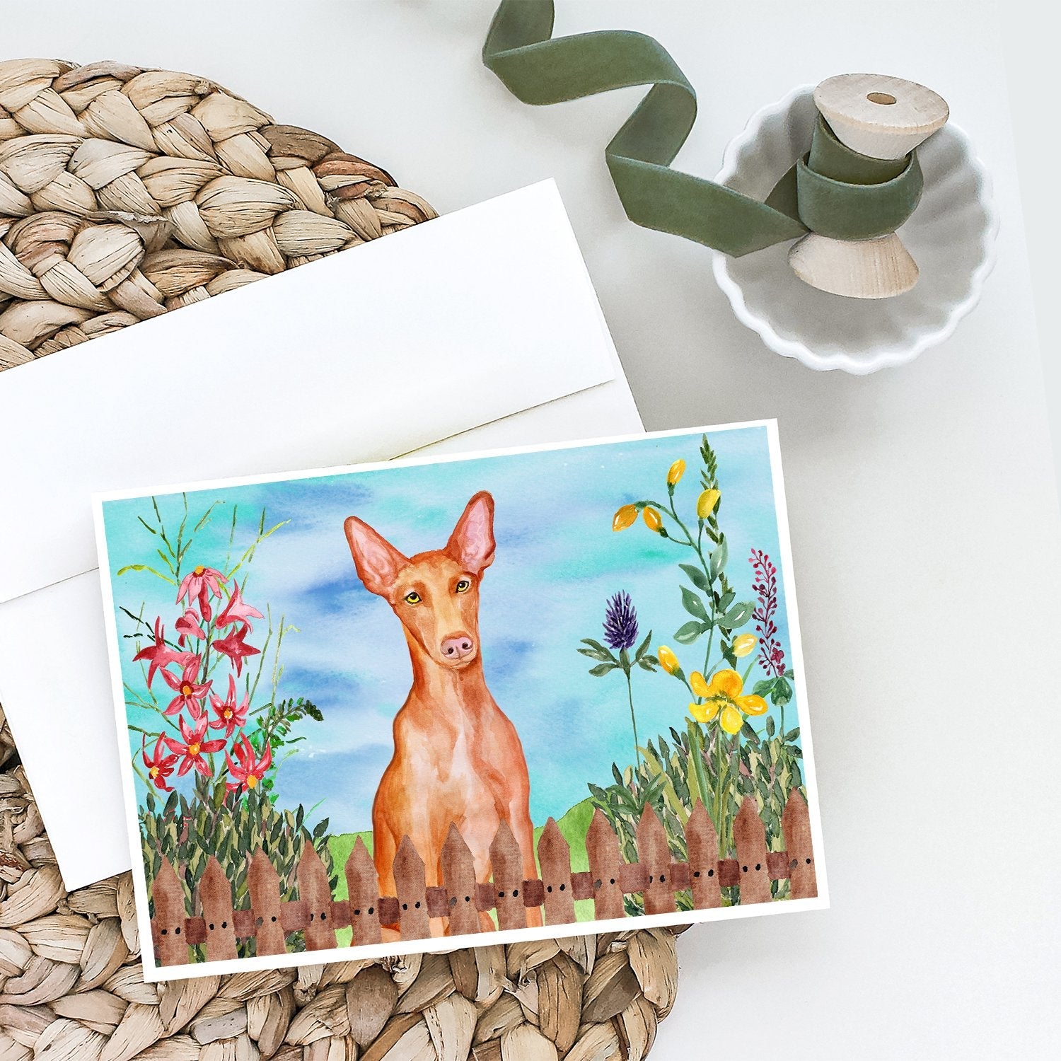Pharaoh Hound Spring Greeting Cards Pack of 8 Blank Cards with Envelopes Whimsical A7 Size 5x7