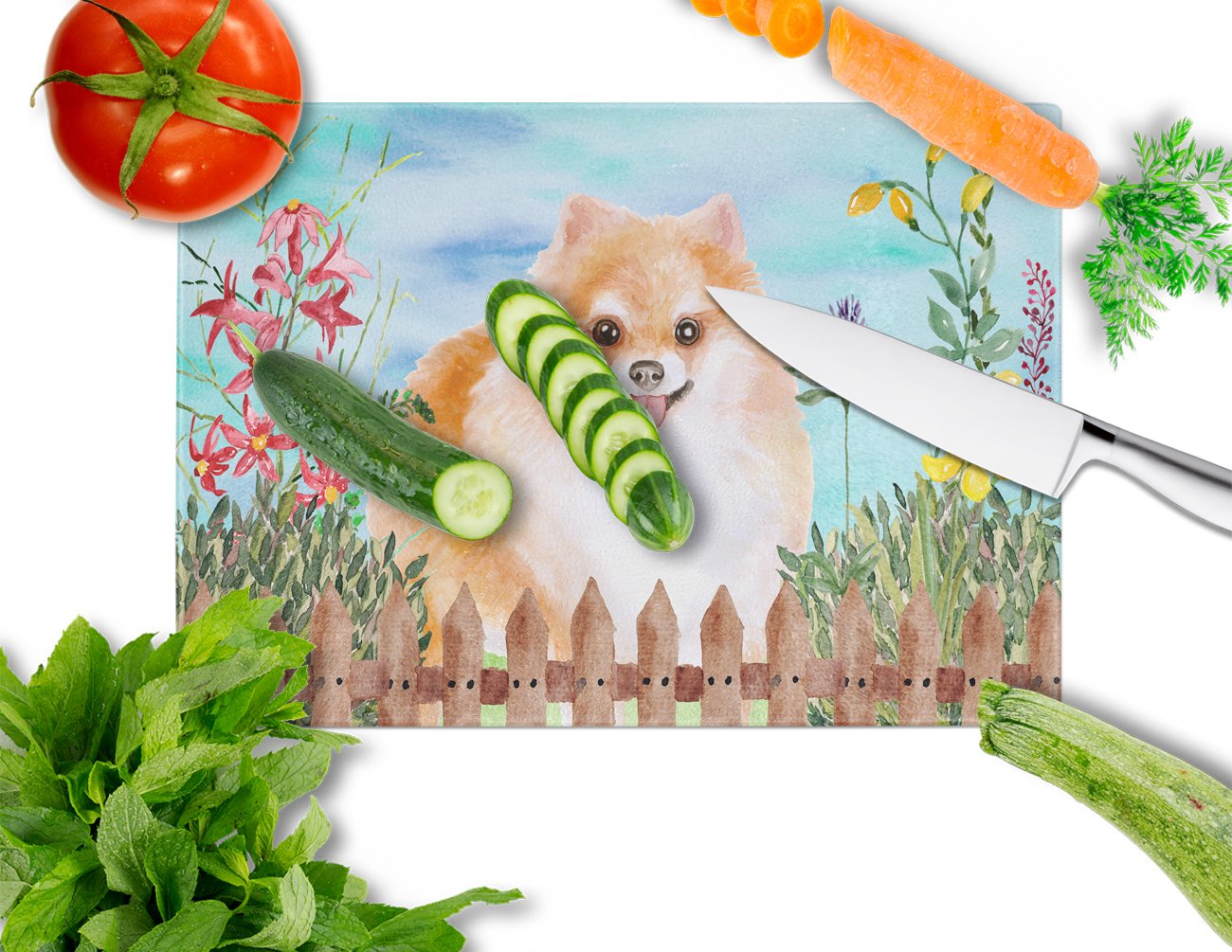 Pomeranian #2 Spring Cutting Board Tempered Glass Kitchen Cutting Surface, Heat Resistant Chopping, Non-Slip Feet, Food Prep & Serving