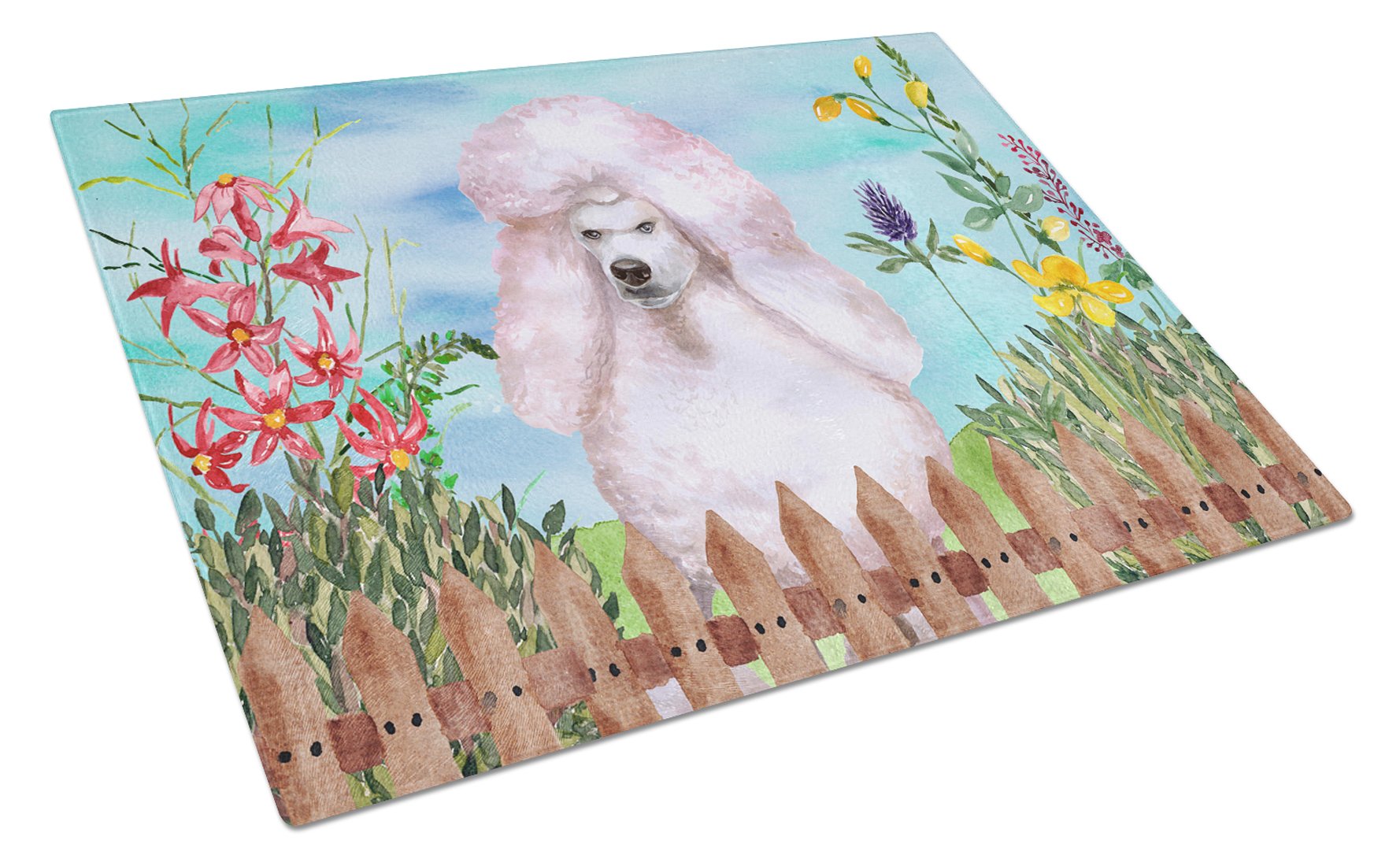 White Standard Poodle Spring Cutting Board Tempered Glass Kitchen Cutting Surface, Heat Resistant Chopping, Non-Slip Feet, Food Prep & Serving