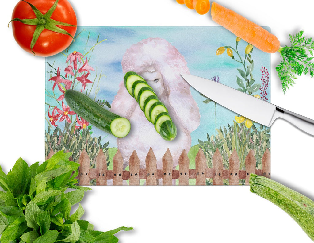 White Standard Poodle Spring Cutting Board Tempered Glass Kitchen Cutting Surface, Heat Resistant Chopping, Non-Slip Feet, Food Prep & Serving