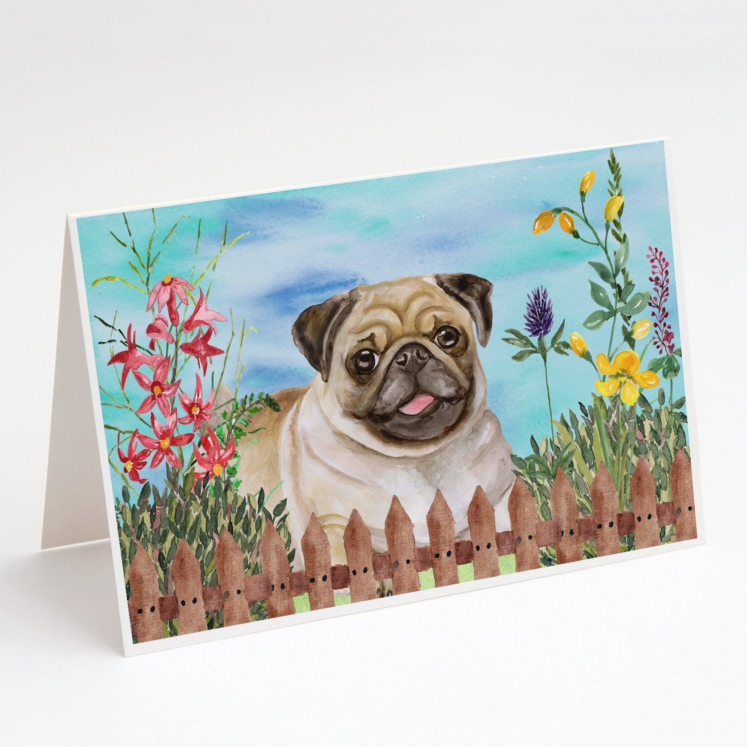 Fawn Pug Spring Greeting Cards Pack of 8 Blank Cards with Envelopes Whimsical A7 Size 5x7
