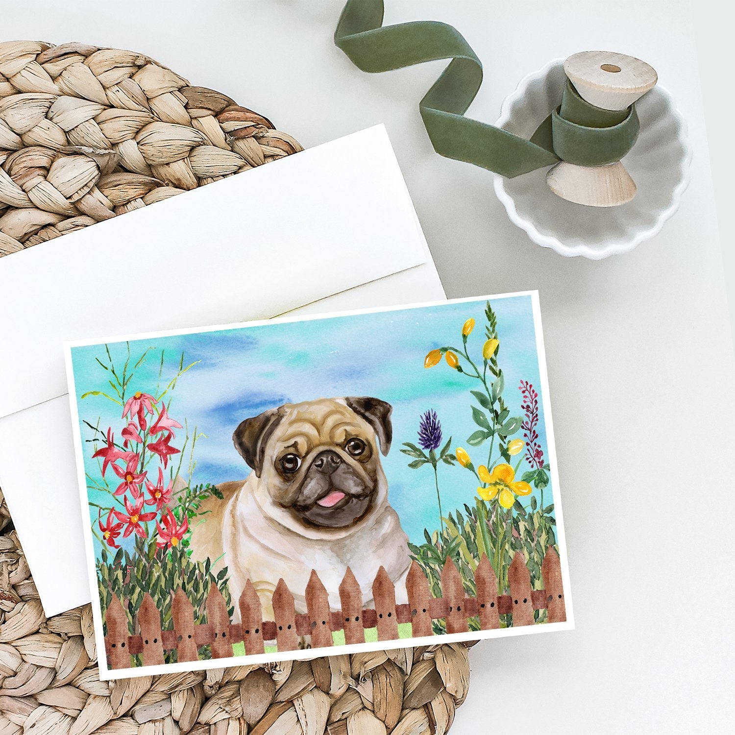 Fawn Pug Spring Greeting Cards Pack of 8 Blank Cards with Envelopes Whimsical A7 Size 5x7