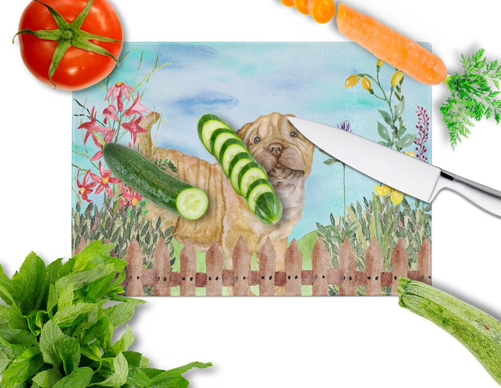 Shar Pei Puppy Spring Cutting Board Tempered Glass Kitchen Cutting Surface, Heat Resistant Chopping, Non-Slip Feet, Food Prep & Serving