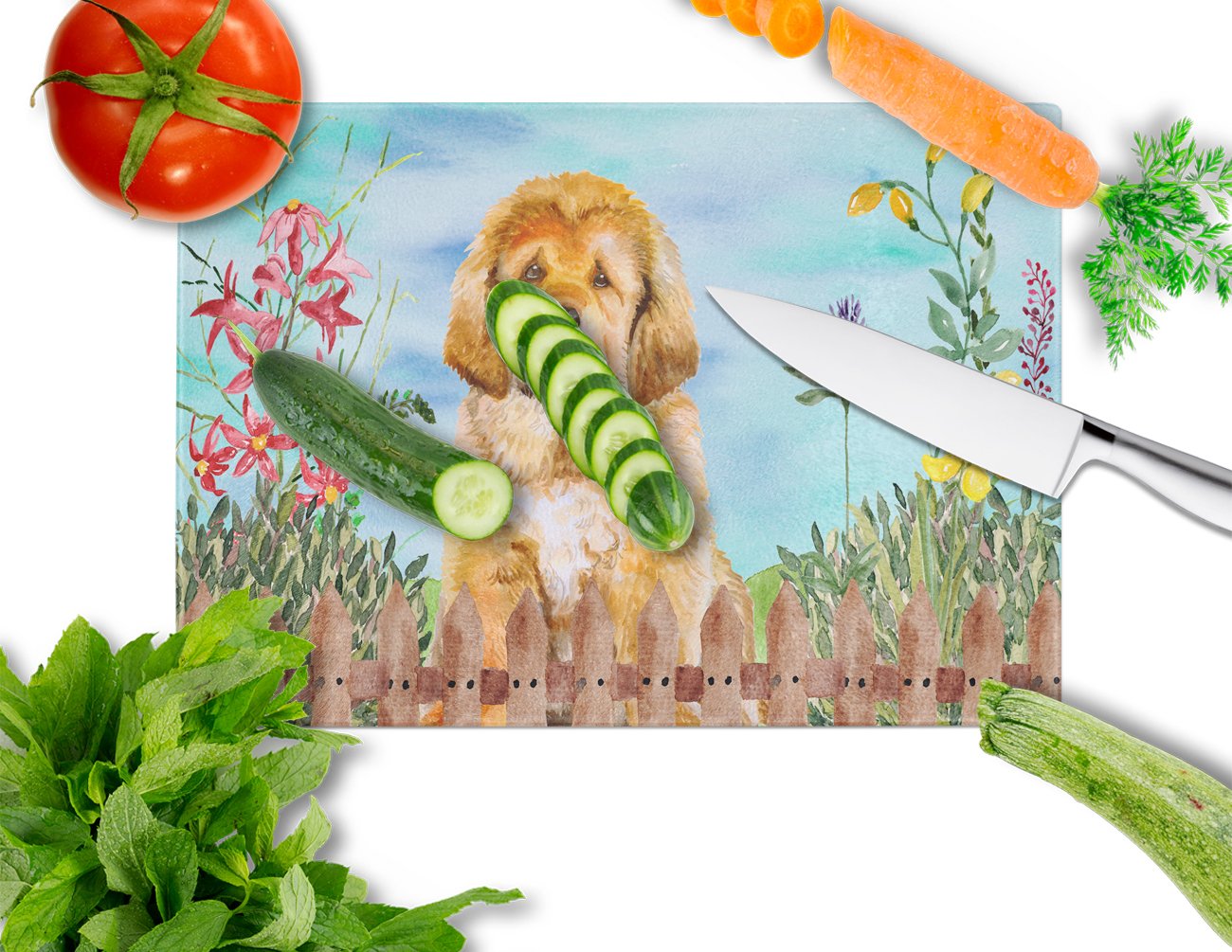 Tibetan Mastiff Spring Cutting Board Tempered Glass Kitchen Cutting Surface, Heat Resistant Chopping, Non-Slip Feet, Food Prep & Serving