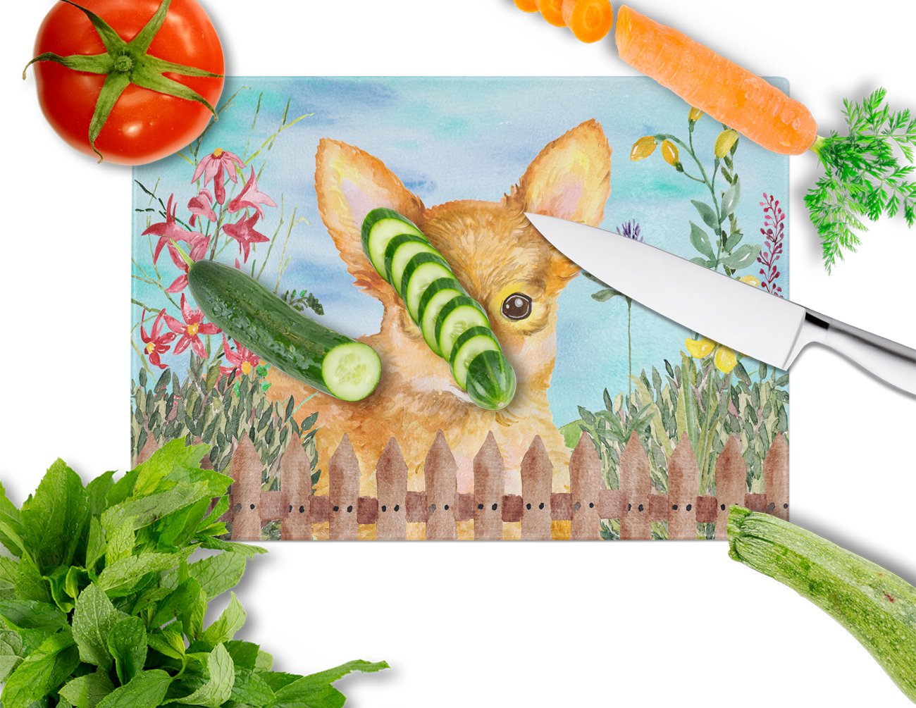 Toy Terrier Spring Cutting Board Tempered Glass Kitchen Cutting Surface, Heat Resistant Chopping, Non-Slip Feet, Food Prep & Serving